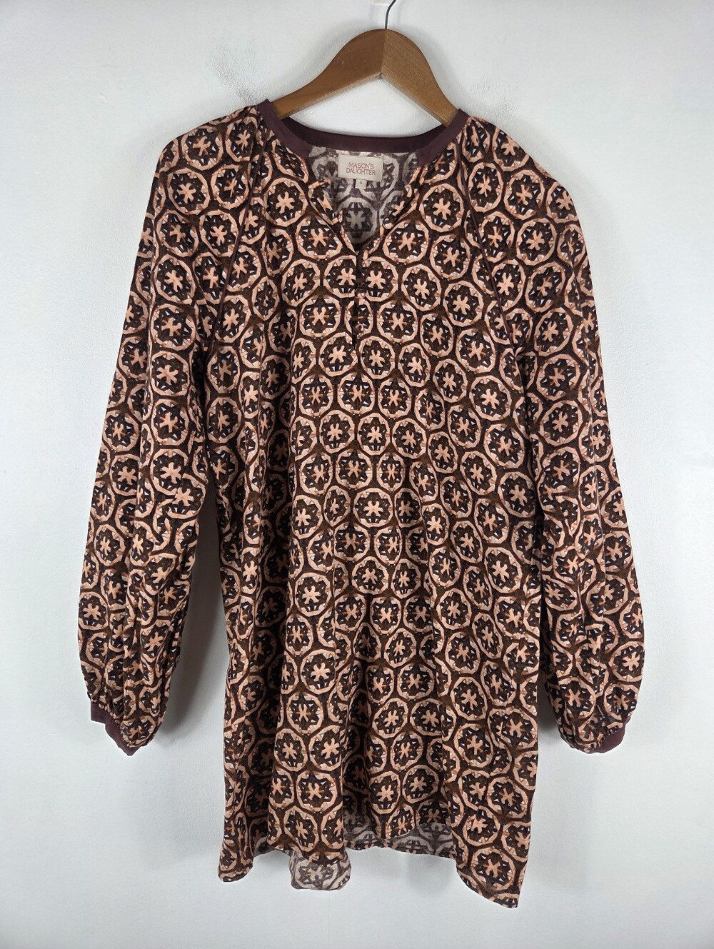 Mason's Daughter Linen Cotton Basketweave Medallion Poet Sleeve Tunic Dress